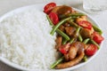 Rice with chicken fillet green beans tomato and sauce