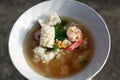 Rice congee mixed with Shrimp, squid and pork, Garnish with coriander and preserved of Celery. Royalty Free Stock Photo