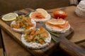 Rice cookies with vegetables and salmon. Vegetarian snacks.