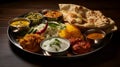 Rice, Curries, Naan, and Condiments in a Traditional Indian Meal - Feast of Indian Flavors Royalty Free Stock Photo