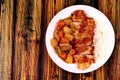 Rice with deep fried dolly fish in japanese yellow curry. Royalty Free Stock Photo