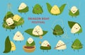 Rice dumpling characters. Dragon boat festival, asian cute dumplings food. Chinese cartoon zongzi and leaves, festive Royalty Free Stock Photo