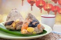 Rice dumplings or zongzi with tea Traditional Chinese food Royalty Free Stock Photo