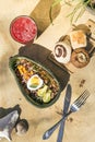 Rice, egg, beans, tomato and mango, with a glass of watermelon juice and fresh bread. Costa Rica dish. Healthy food Royalty Free Stock Photo