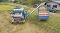 Rice farm on harvesting season by farmer with combine harvesters