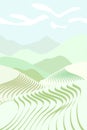 Rice field poster. Chinese agricultural terraces in mountains landscape. Foggy rural farmland scenery with green paddy