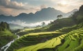 Rice field terrace with beautiful mountain background