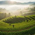 Rice fields bask in morning sunlight creating a stunning landscape Royalty Free Stock Photo