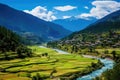 Rice fields in the Himalayas, Annapurna Circuit Trek, Nepal, Scenic View of the Paro Valley, AI Generated Royalty Free Stock Photo