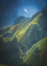 Rice fields on terraced with wooden pavilion on blue sky background in Mu Cang Chai, YenBai, Vietnam Royalty Free Stock Photo