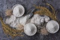 Rice flour Thai organic in a measuring spoon with wooden bowl on a pile of white rice, ear of paddy and strainer on concrete Royalty Free Stock Photo