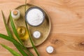 Rice flour in a wooden bowl, milk and oil with rice on the old w Royalty Free Stock Photo