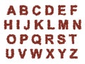 Rice font, complete alphabet. Made with red rice grains, bold sans serif letters. On a white background
