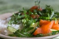 Rice with fresh salade and raw salmon close up. Rucola with cucamber and fish with rice. Healthy tasty food. Rice with vegetables.