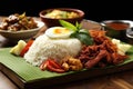 Rice with fried pork, egg and vegetables on a wooden table, Nasi Lemak wrapped in banan leaf. Malaysian Food and Malaysia Flag, AI