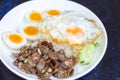 Rice with Fried Pork with Garlic with soft boiled egg and fried egg sliced ??cucumber Royalty Free Stock Photo