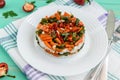 Rice and fried vegetables asparagus beans, carrots - vegan diet garnish Royalty Free Stock Photo