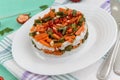 Rice and fried vegetables asparagus beans, carrots - vegan diet garnish. Royalty Free Stock Photo