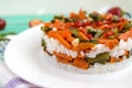 Rice and fried vegetables (asparagus beans, carrots) - vegan diet garnish Royalty Free Stock Photo