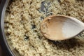 Rice frying and oiling in ghee on steel pan closeup, process of cooking asian indian basmati ghee rice