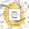 Rice grain card, hand drawn cereal. Paddy field, farmer sack with organic nature seeds, cereal dish sketch, food Royalty Free Stock Photo