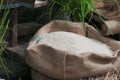 Rice grain white in burlap sack Royalty Free Stock Photo