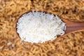 Rice grain in a wooden spoon Royalty Free Stock Photo