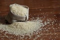 Rice grains are poured into a linen bag.