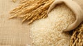 Rice in jute sack and ears of dried rice. AI generated.