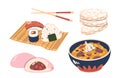 Rice Meals Set, Diverse Classic Pilaf, Bread, Japanese Rolls, Sushi or Sashimi. Versatile And Satisfying Bread, Cookies