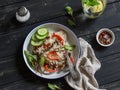 Rice with meat and sweet red pepper. Healthy delicious lunch. Royalty Free Stock Photo