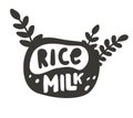 Rice milk, black graphic illustration for packaging design. Hand drawn lettering with sprigs