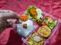 Rice mixed with fried chicken, fried noodles, fried eggs, vegetables and cucumber slices Royalty Free Stock Photo