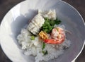 Rice mixed with Shrimp, squid and pork, Garnish with coriander and preserved of Celery. Royalty Free Stock Photo