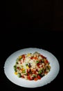 Rice with mixed vegetables on white plate on dark wooden background Royalty Free Stock Photo