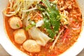 Rice noodle with pork ball in tom yum spicy soup topping fresh bean sprout on bowl Royalty Free Stock Photo