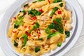 rice noodles with chicken, eggs, chinese broccoli Royalty Free Stock Photo