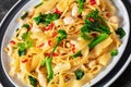 rice noodles with chicken, eggs, chinese broccoli Royalty Free Stock Photo
