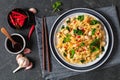 rice noodles with chicken, eggs, chinese broccoli Royalty Free Stock Photo