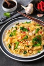 rice noodles with chicken, eggs, chinese broccoli Royalty Free Stock Photo