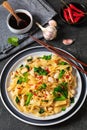 rice noodles with chicken, eggs, chinese broccoli Royalty Free Stock Photo