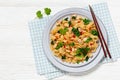 rice noodles with chicken, eggs, chinese broccoli Royalty Free Stock Photo