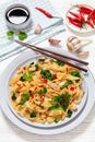 rice noodles with chicken, eggs, chinese broccoli Royalty Free Stock Photo