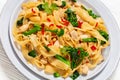 rice noodles with chicken, eggs, chinese broccoli Royalty Free Stock Photo