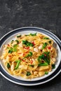 rice noodles with chicken, eggs, chinese broccoli Royalty Free Stock Photo