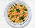 rice noodles with chicken, eggs, chinese broccoli Royalty Free Stock Photo