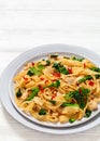 rice noodles with chicken, eggs, chinese broccoli Royalty Free Stock Photo