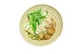 Rice noodles dressing with meat ball fish coconut milk curry sauce and fresh vegetable on bowl Royalty Free Stock Photo