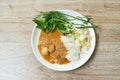 Rice noodles dressing with meat ball fish coconut milk curry sauce and fresh vegetable on plate Royalty Free Stock Photo