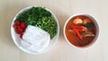 Rice noodles and fresh vegetables with chicken curry, popular food for Thai people, that is spicy, Thai food, Asian Meal Royalty Free Stock Photo